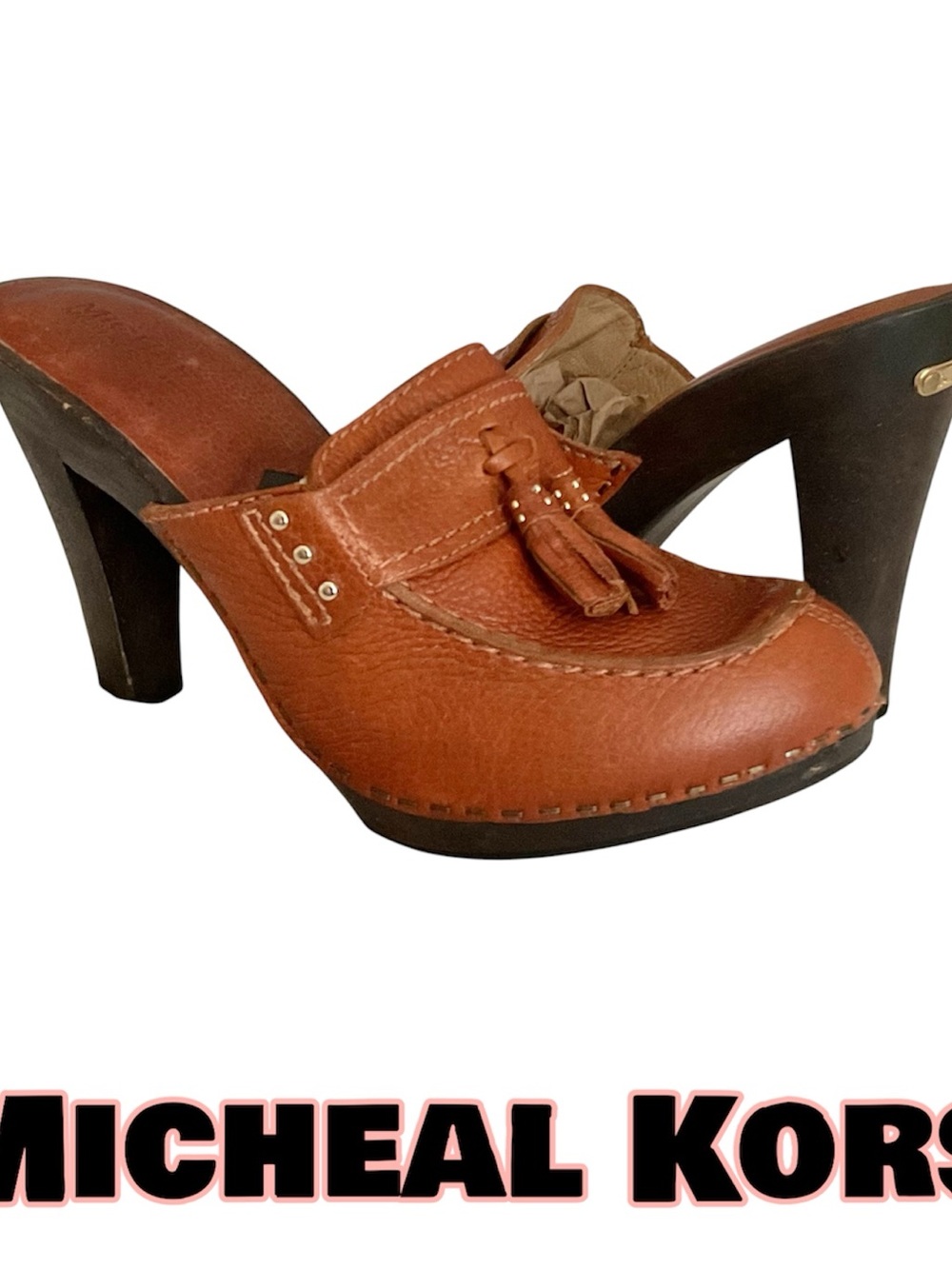 EUC Genuine MICHEAL KORS Cognac Leather Tassel Clog Heels w/Gold Hardwear sz 6.5
